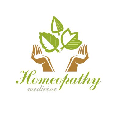 Yeşil bahar yapraklarını tutan şefkatli eller. Tıbbi rehabilitasyon soyut logosu.