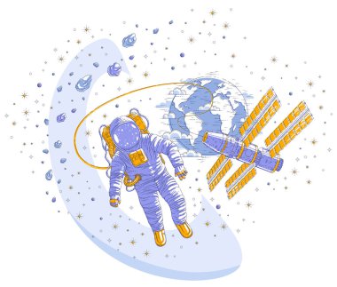 Açık alanda uçan astronot uzay istasyonu ve dünya gezegen arka planda bağlı