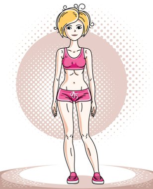 Yetişkin kalan genç güzel sarışın ince kadın. Vektör çizim güzel Bayan pembe şort giyiyor. İş çıkışı ve Tema Eğitimi.