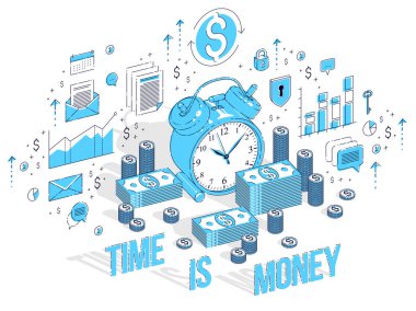 Tablo çalar saat ve takvim ile nakit para yığınları ve bozuk para kazık istatistikleri grafiklerle izole beyaz arka plan üzerinde. 3D izometrik iş illüstrasyon, son tarih kavramı vektör