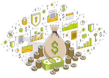 Beyaz arka plan üzerinde kişisel tasarruf konsept izole nakit para dolar yığını ve para yığınları ile para çantası. İzometrik 3B vektör illüstrasyon simgeler, istatistik grafikleri ve tasarım öğelerini ile finans.