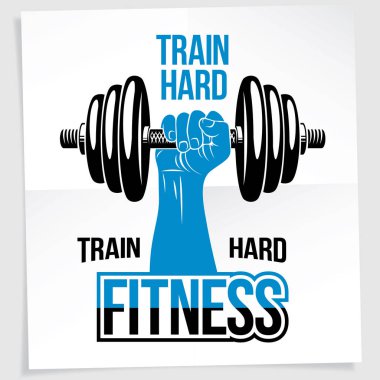 Vücut geliştirme motivasyon posteri. Disk ağırlık dambıl spor ekipmanı tutan kaslı sporcu kol vektör bileşimi. Tren zor alıntı.
