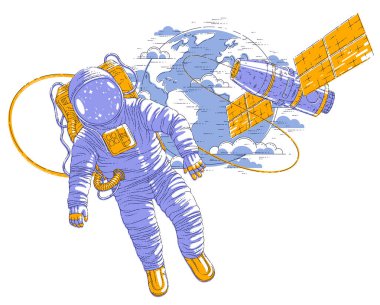 Uzay İstasyonu ve dünya gezegen arka plan üzerine açık alanda uçan astronot bağlı