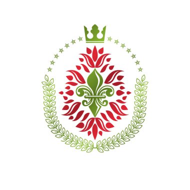Lily çiçek Kraliyet armasını. Hanedan Arması dekoratif yaprakları ve Imperial crown ile oluşturulan vektör illüstrasyon izole. Ekoloji ve çevre koruma iş logo.