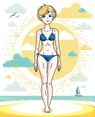 Tropik sahilde duran ve mavi mayosu vardı çekici sarışın genç kadın. Vektör illüstrasyon insan. Yaz tatil kavramı.