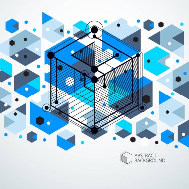 Vektör modern soyut kübik kafes çizgileri mavi arka plan. Düzen küpleri, altıgenler, kareler, dikdörtgenler ve soyut öğeler. Teknik 3d arka plan.