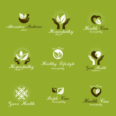 Homeopati yaratıcı semboller koleksiyonu. Oluşturulan kullanarak yeşil yaprakları, kalp şekilleri, dini haçlar ve el bakımı sağlık kavramsal vektör Amblemler için geri yükleme.