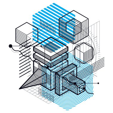 İzometrik doğrusal boyutlu şekillerle arka plan, 3d mesh elemanları vektör. Kompozisyon küpleri, altıgenler, kareler, dikdörtgenler ve soyut öğeler.