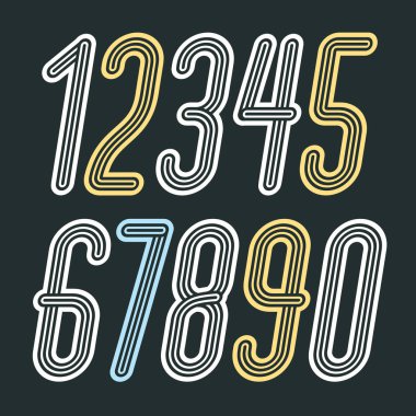 Şık disko vektör basamak, modern rakamları koleksiyon kümesi. Funky italik ince, dar sayılar 0 9 poster sanat için iyi. Çift çizgili dekorasyon ile yapılan.