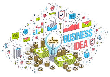 İş yaratıcı fikir kavramı, ampul ile nakit para yığınları ve para yığınları, 3B vektör iş izometrik çizim 