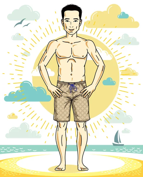 Pohledný Muž Dospělých Stojící Tropické Pláži Světlé Kraťasy Vektorové Ilustrace — Stockový vektor