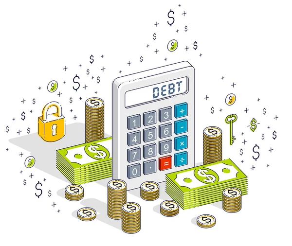 Calculator Cash Money Stacks Coins Piles Isolated White Background Debt — Stock Vector