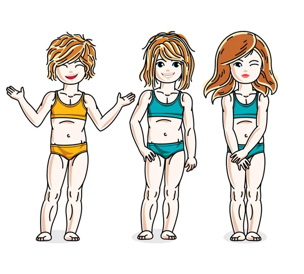 Küçük Kızlar Renkli Bikini Daimi Vektör Çocuklar Illüstrasyonlar Set — Stok Vektör