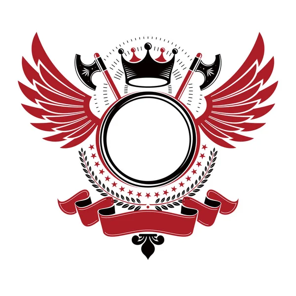 翼グラフィック エレガントなリボンで飾られた古代の王冠および手斧で作成したエンブレム レトロなスタイルのラベル 紋章ロゴ — ストックベクタ