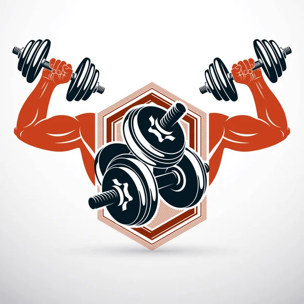 Vector Illustration Strong Man Arms Dumbbell Weight Lifting Gym Symbol — Stock Vector