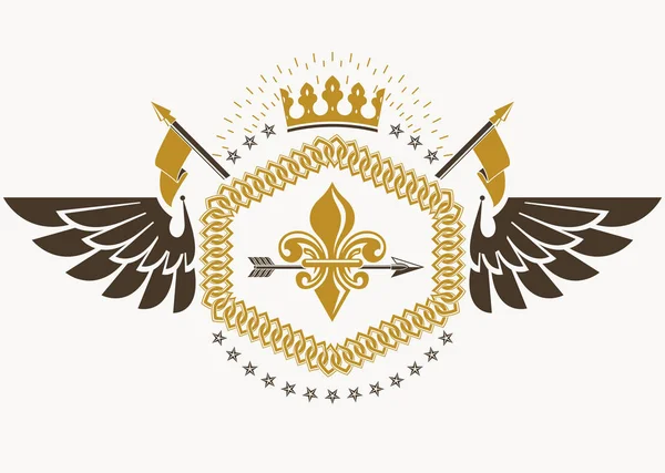 Heraldische Embleem Gemaakt Met Behulp Van Grafische Elementen Zoals Vogel — Stockvector