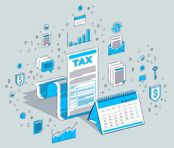 Belastingformulier Met Kalender Business Isometrische Vectorillustratie Belastingen Concept — Stockvector