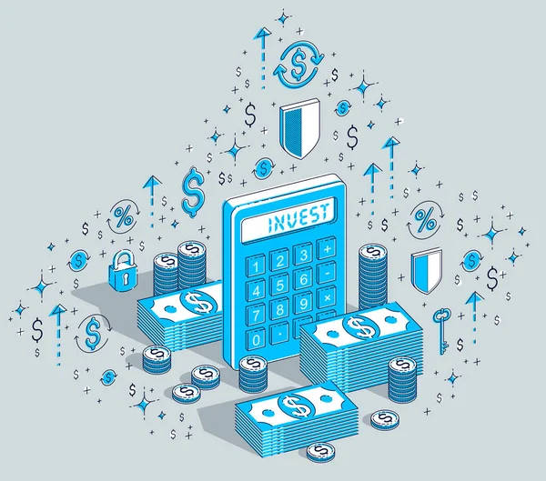 Taschenrechner Mit Geldstapeln Und Münzhaufen Mit Statistikdiagrammen Auf Weißem Hintergrund — Stockvektor