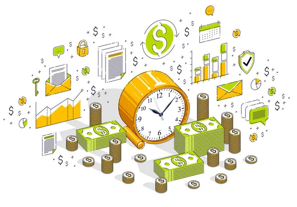 Time Money Concept Table Clock Cash Money Stacks Coin Piles — Stock Vector