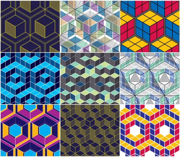 幾何学的な ラインは シームレスなパターン セット ベクトルの背景のキューブ コレクションを抽象化します 線画無限のカラフルなイラストを工学技術スタイル — ストックベクタ