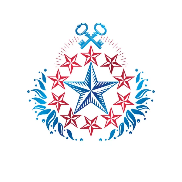 Antiga Estrela Pentagonal Emblema Decorado Com Chaves Ornamento Floral Elemento —  Vetores de Stock