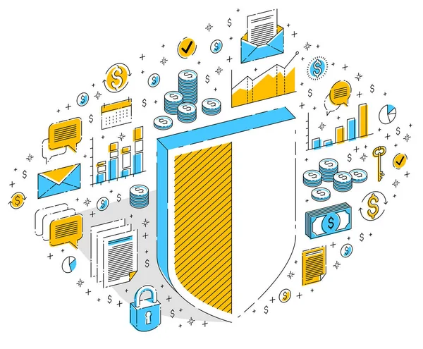 Scudo Con Icone Aziendali Grafici Statici Isolati Sfondo Bianco Illustrazione — Vettoriale Stock