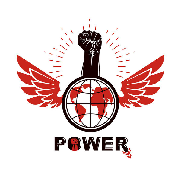 Крылатая векторная эмблема, составленная с поднятым кулаком, держащим символ планеты Земля. Концепция человеческого развития, свобода личности
.