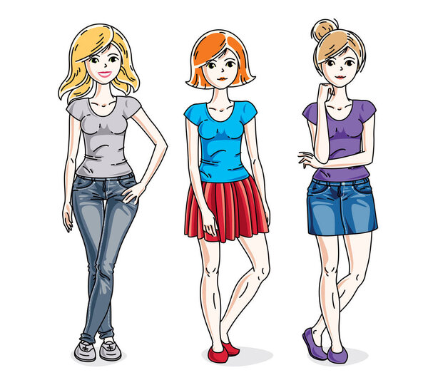 Attractive young adult girls female group standing wearing fashionable casual clothes. Vector set of beautiful people illustrations.