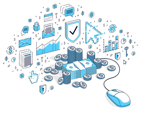 Pengar Stacks Med Datormusen Isometrisk Vektor Finansiera Illustration Online Finansiera — Stock vektor