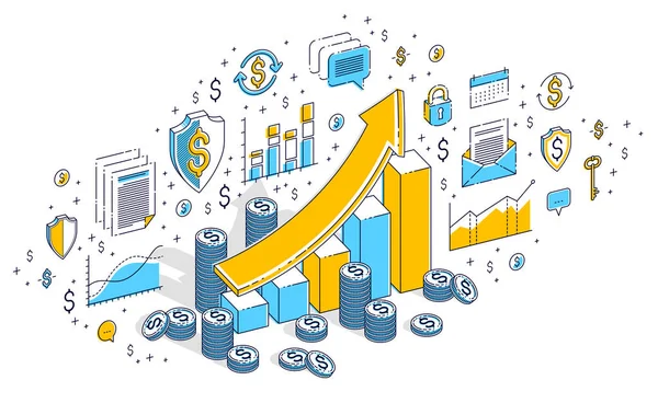 Crescimento Gráfico Stats Bar Com Dinheiro Dinheiro Pilhas Isoladas Fundo — Vetor de Stock