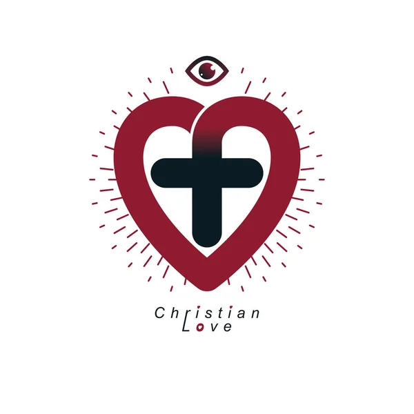 神のキリスト教愛概念ロゴデザインと組み合わせるクリスチャン クロスと心ベクトルの創造的な記号 — ストックベクタ