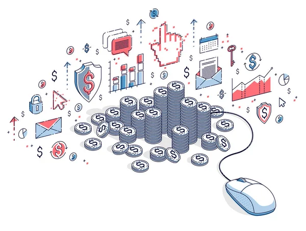 コンピューターのマウスのお金のスタック 等角投影の ベクトル イラスト オンライン金融の概念 Web オンラインバン キング インターネット収益の資金を調達します — ストックベクタ