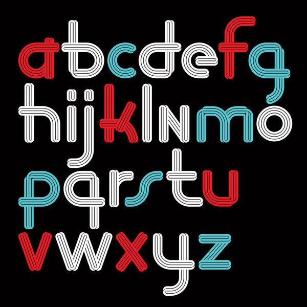 Set of vector rounded lower case funky alphabet letters isolated with parallel lines for logo creation in entertainment business.