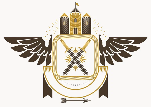 Elegante Emblema Hecho Con Decoración Alas Águila Fortaleza Medieval Espadas — Vector de stock