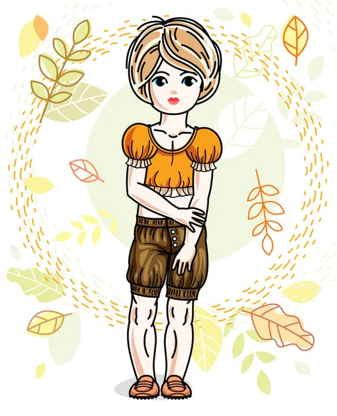 Cute Little Fair Haired Girl Standing Background Autumn Landscape Wearing — Stock Vector