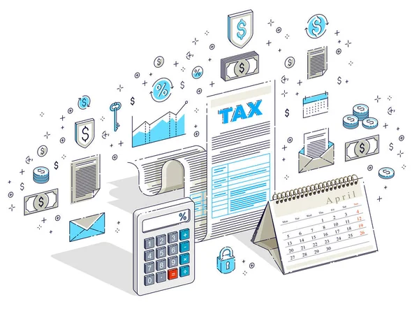 Tax Form Calculator Calendar Isolated White Isometric Vector Finance Illustration — Stock Vector