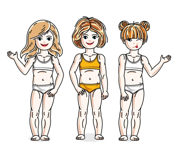 Kleine Mädchen Niedliche Kindergruppe Stehend Bunten Bikini Vektor Kinder Illustrationen — Stockvektor