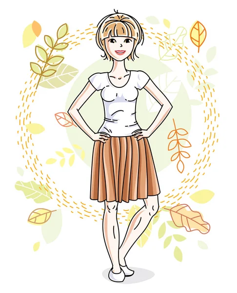 Happy Young Blonde Woman Posing Background Autumn Landscape Wearing Fashionable — Stock Vector