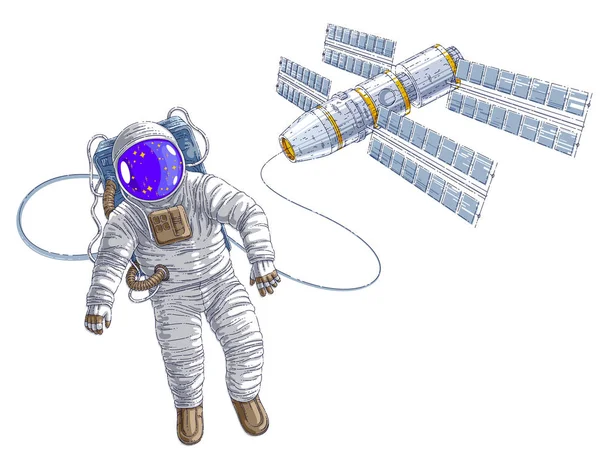 Astronauta Udał Otwartą Przestrzeń Podłączony Stacji Kosmicznej — Wektor stockowy