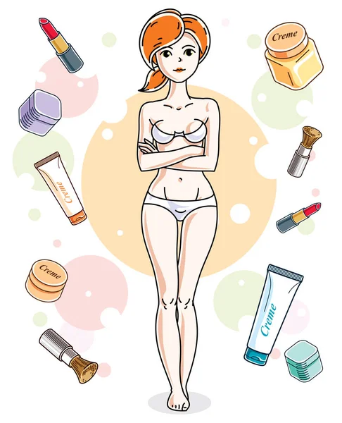 Happy Pretty Young Red Haired Woman Underwear Standing Colorful Background — Stock Vector