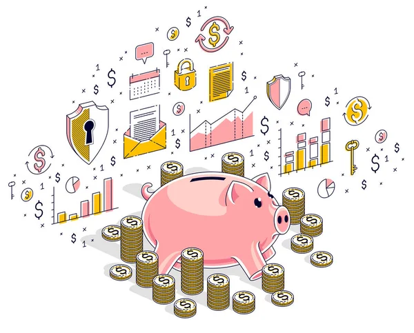 Piggy Bank Met Cash Geld Dollar Munten Stapels Geïsoleerd Witte — Stockvector