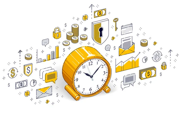 Horloge Table Avec Des Statistiques Graphiques Isolés Sur Fond Blanc — Image vectorielle