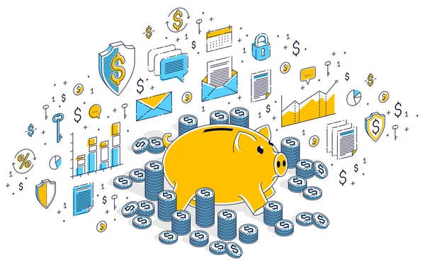 Piggy Bank Met Cash Geld Dollar Munten Stapels Geïsoleerd Witte — Stockvector