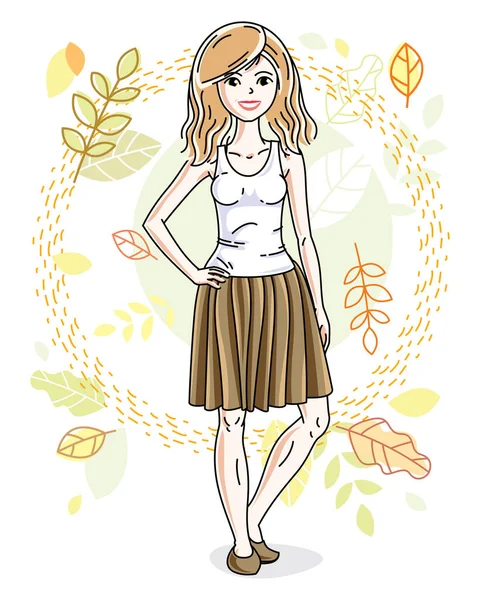 Счастливая Молодая Блондинка Позирует Фоне Осеннего Пейзажа Носит Модную Повседневную — стоковый вектор