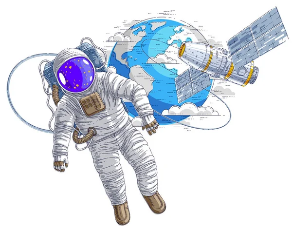 Uzay İstasyonu ve dünya gezegen arka plan üzerine açık alanda uçan astronot bağlı