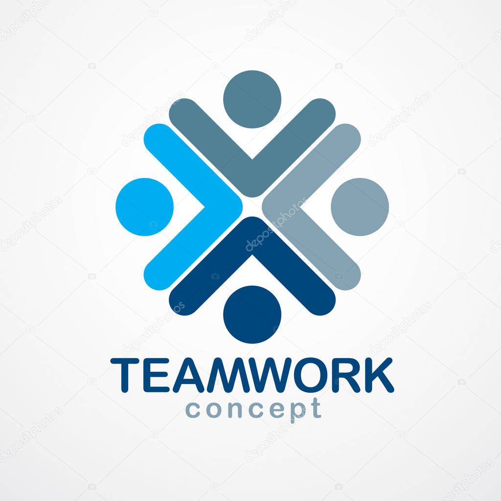 Teamwork and friendship concept created with simple geometric elements as people crew. Vector logo. Unity and collaboration idea, dream team of business people blue design.