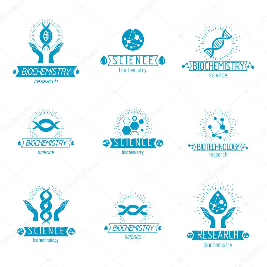 Set of vector models of molecule and human dna. Collection of corporate logotypes created in biomedical engineering, genetics, molecular genetics and biotechnology concepts.