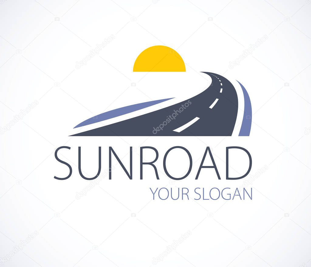 curved highway to setting sun, vector design illustration. Camping, travel and tourism concept 