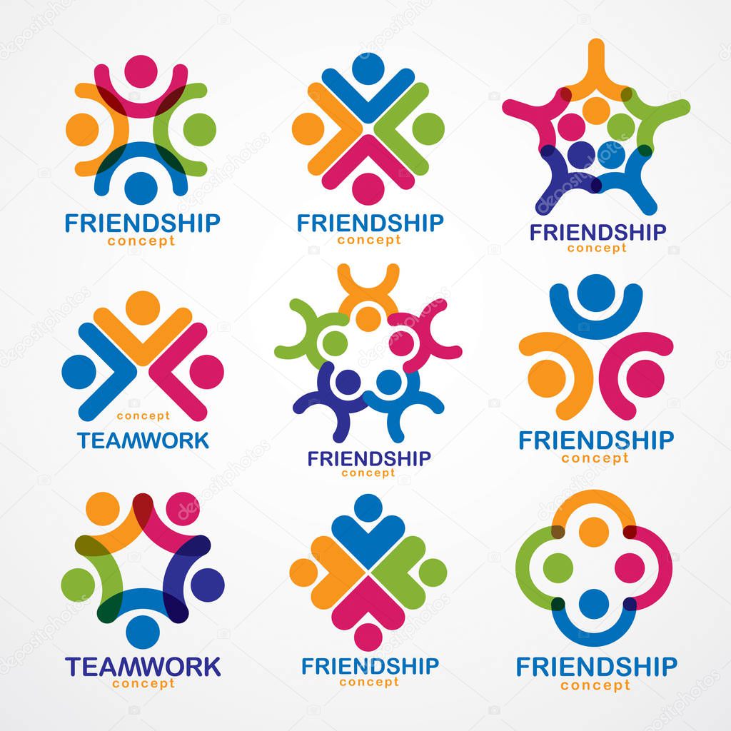 Teamwork and friendship concepts created with simple geometric elements as people crew. Vector logos set. Unity and collaboration ideas, dream team of business people colorful designs.