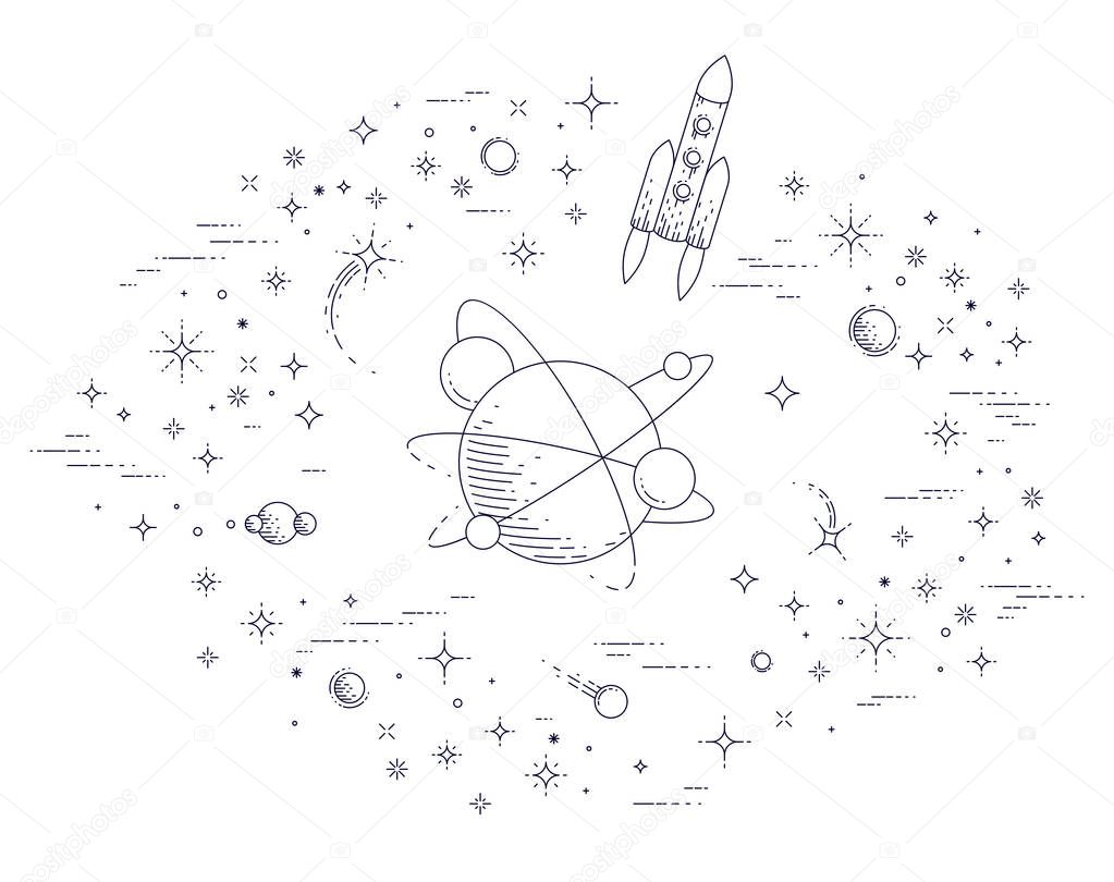 Fantastic undiscovered galaxy with unknown planets, science fiction, with rockets, stars and other elements. Explore universe, breathtaking space science. Thin line 3d vector illustration.